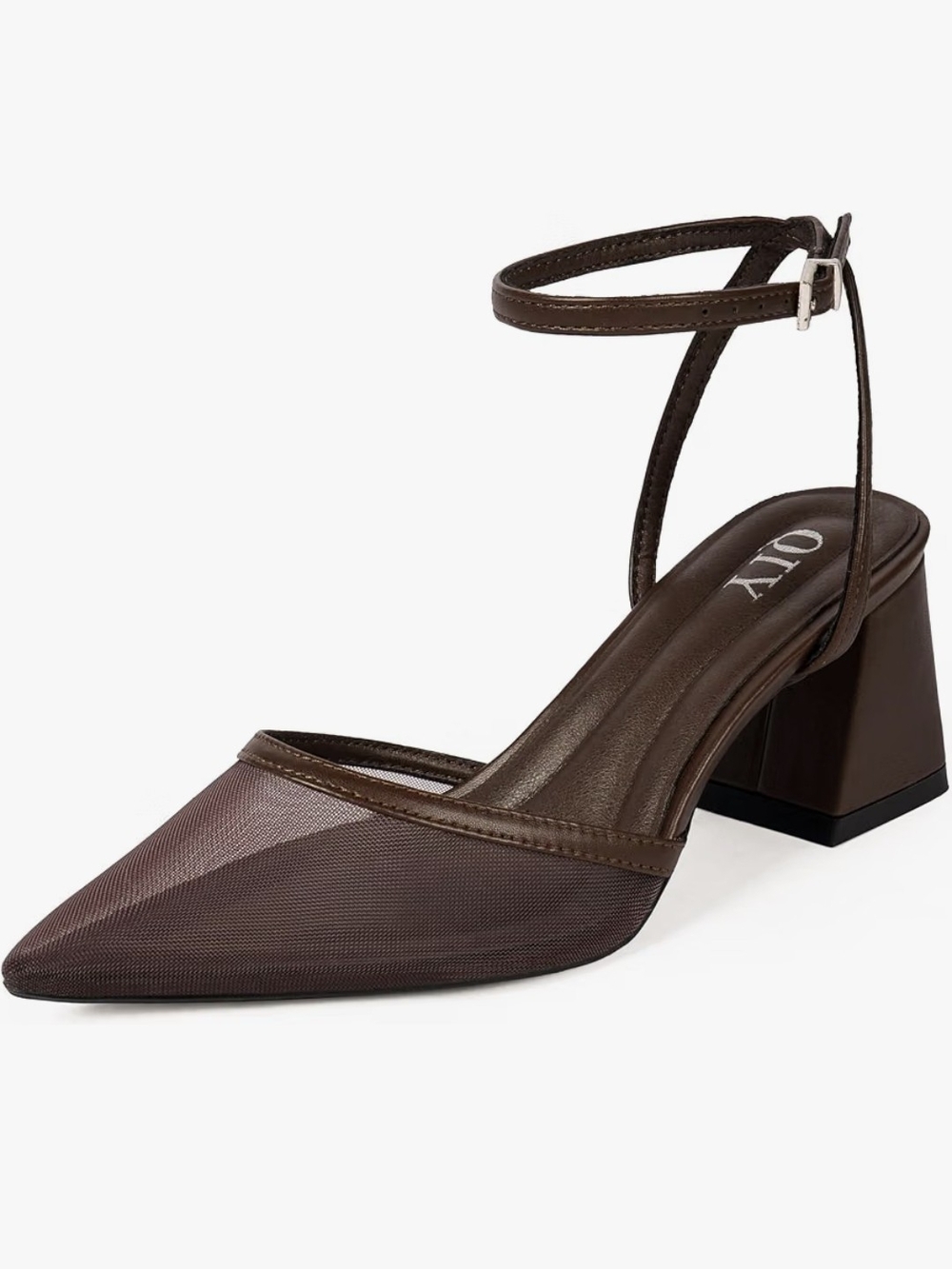 Brown Pointed Mesh Ankle-Strap Block Heels